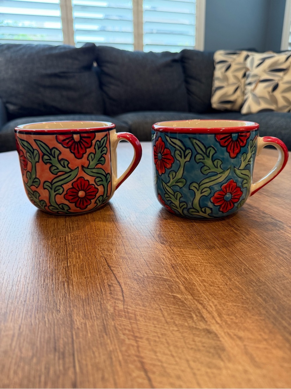 Sur La Table Hand-Painted Floral Ceramic Mug - Red & Blue - Set of 2